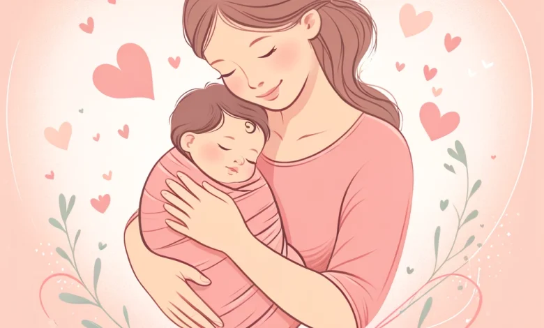 DALL·E 2024 04 17 08.47.11 Create an illustration of a mother embracing her sleeping infant. The mother should have a tender expression on her face and the baby should appear p