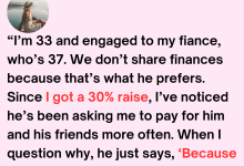 Im 33 and engaged to my fiance whos 37. We dont share finances because thats what he prefers. Since I got a 30 raise Ive noticed hes been asking me to pay for him and his friends more of e1723696973814